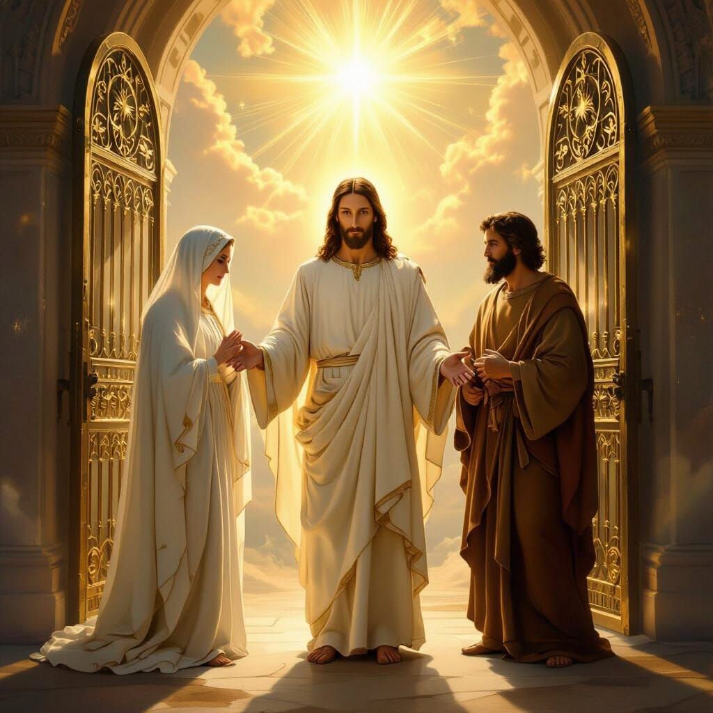 Jesus at Pearly Gates with Mary and Joseph