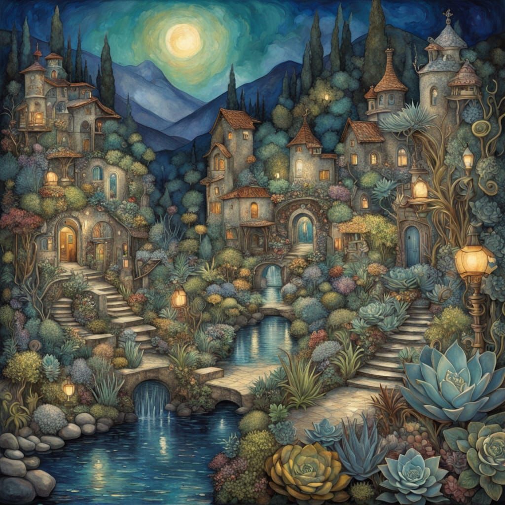 Dreamy Sculptural Garden in Vibrant Watercolor Style