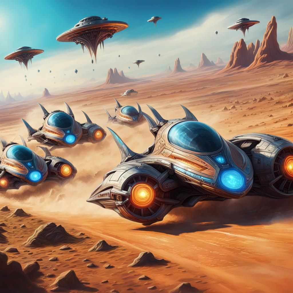Starship Racers Speeding Across Alien Landscape: Hyperrealis...