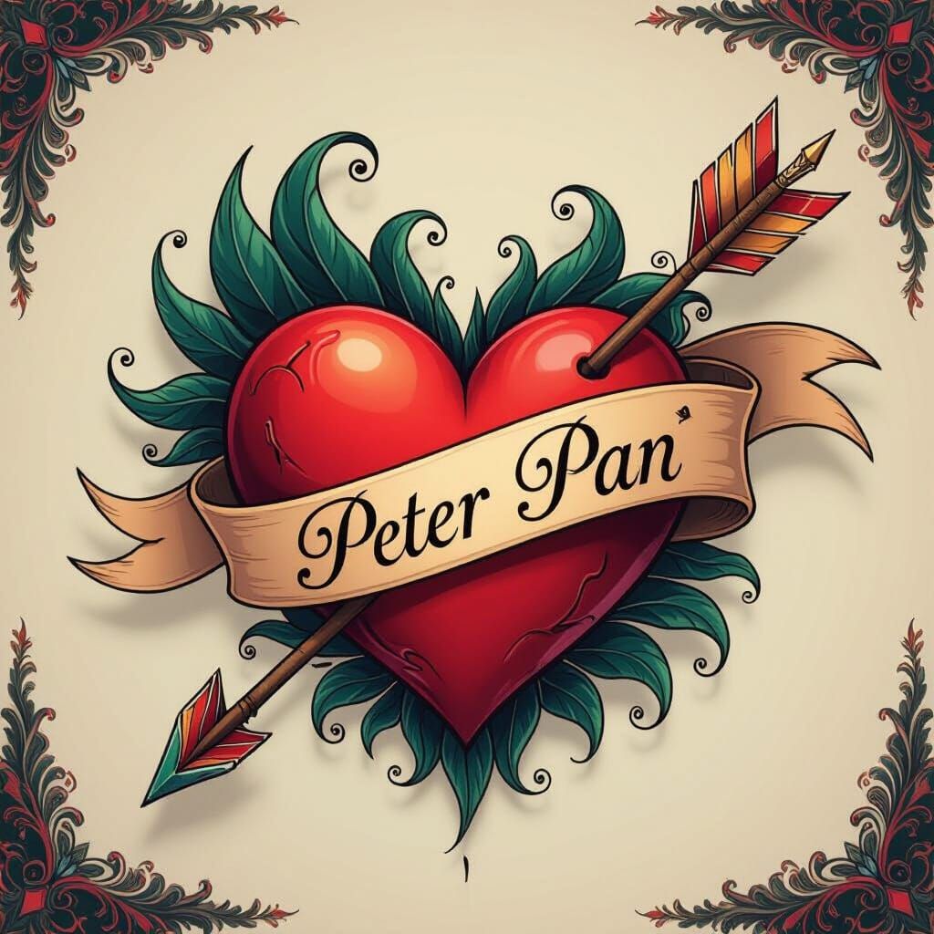 Tattoo Style Heart Pierced by Arrow with Peter Pan Ribbon