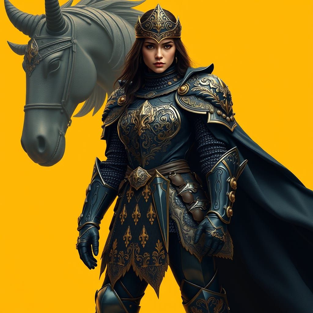 Elegant Black Knightess in Yellow Armor