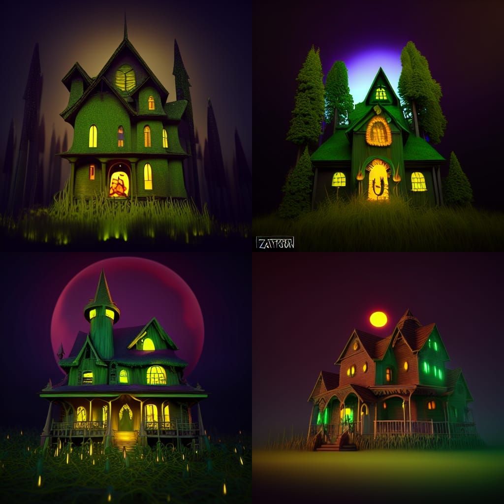 A mystical glowing Halloween monster house gold &green in a green forest sunset cinema 4d, concept art, digital elegant ...