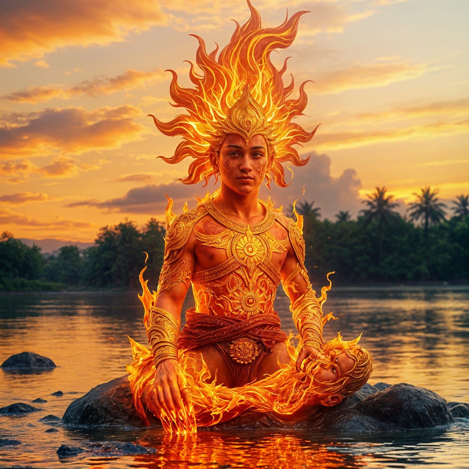 Fiery Sun God on Riverbank: Hyperrealistic Concept Art