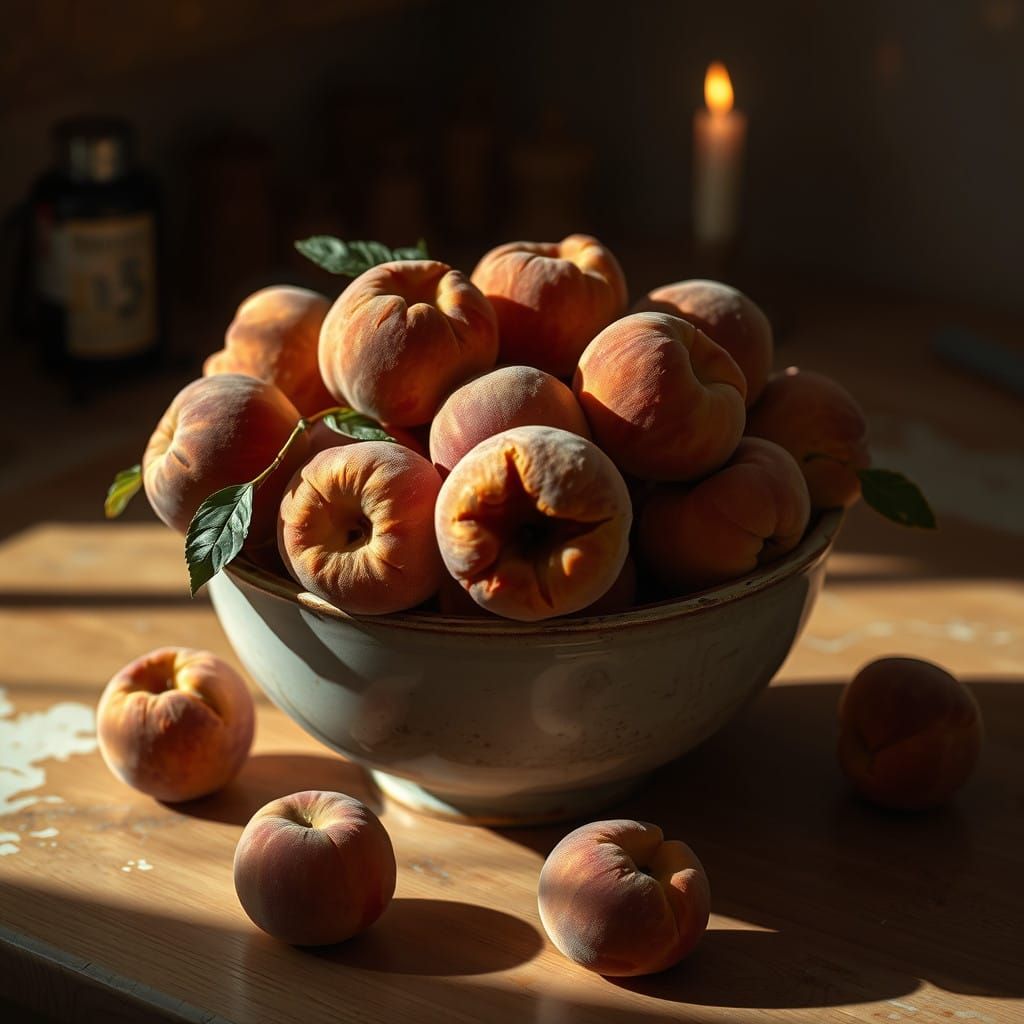 Peaches Overwhelming a Worn Ceramic Bowl, in a Moody Kitchen...