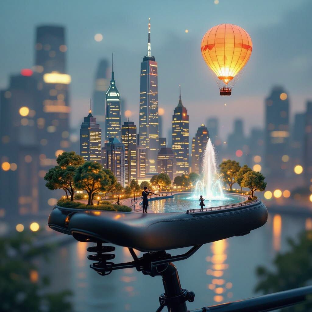 Miniature City on Bicycle Saddle, Dreamy Cinematic Style