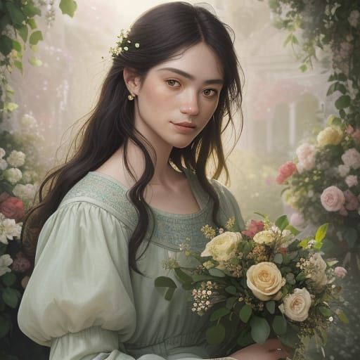 Renaissance Floral Masterpiece with Young Florist Amidst Vib...