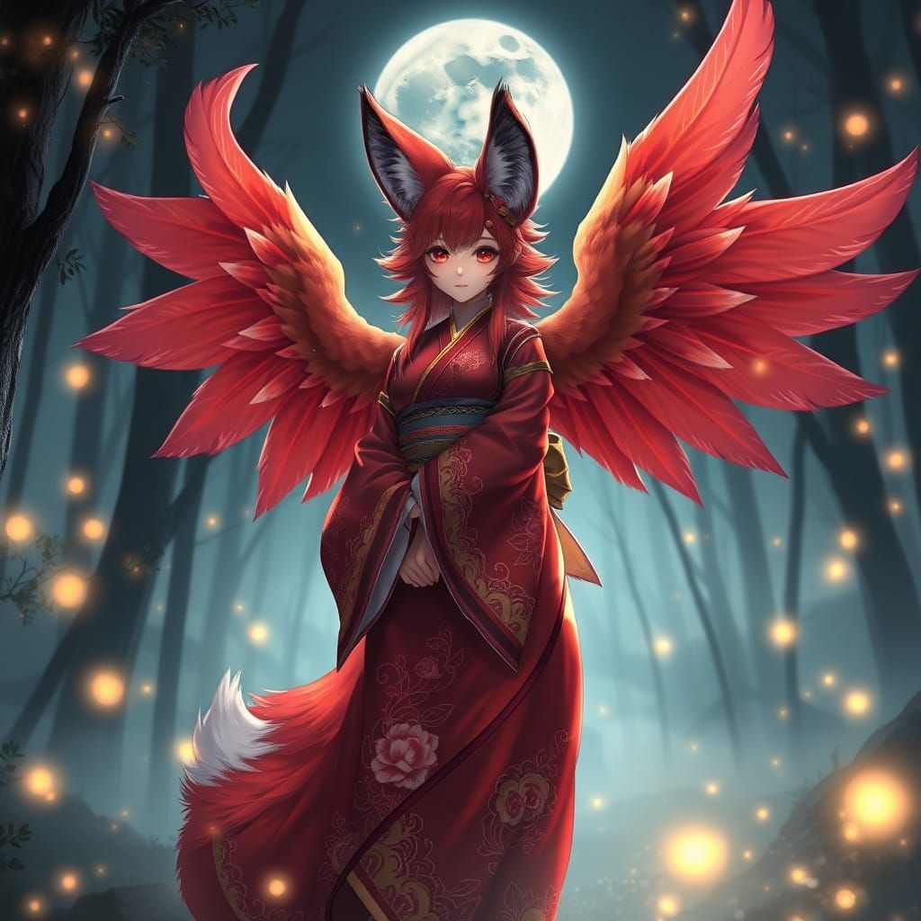 Majestic Red Fox Girl in Vibrant, Moonlit Forest