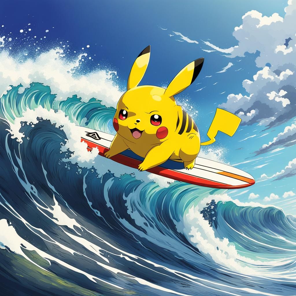 Pikachu Surfing Kawagama Wave in Anime Style