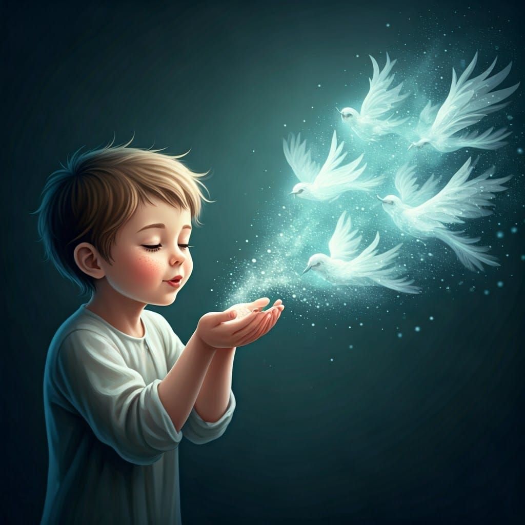 Whimsical Boy Unleashes Enchanted Birds in Dreamy Light