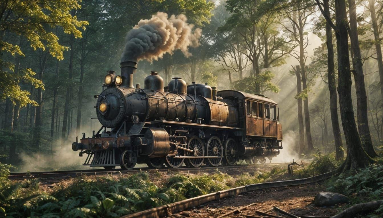 Old Steam Locomotive in Misty Forest: Digital Matte Painting