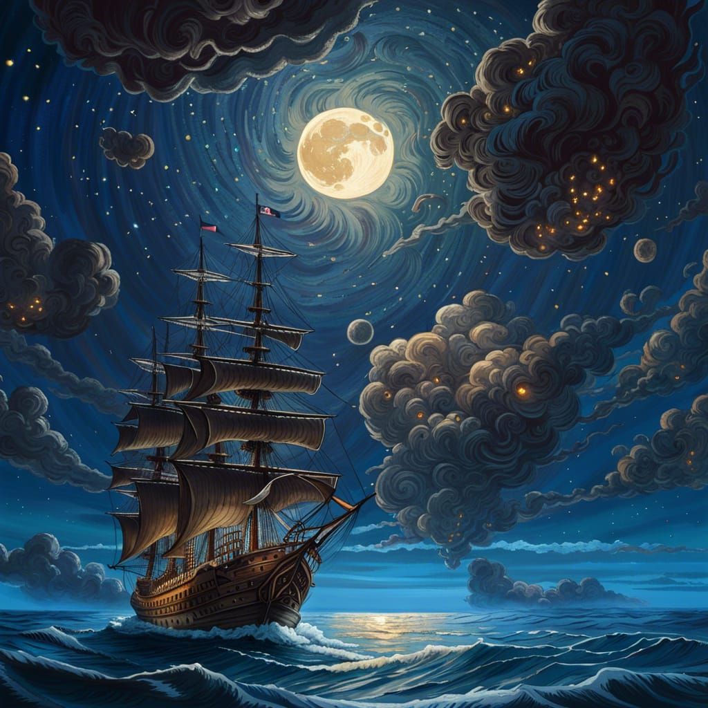 Detailed Galleon Under Starry Night Sky