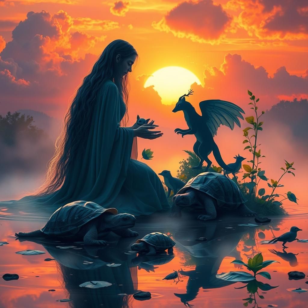 Mystical Figure with Mythical Creatures at Sunset