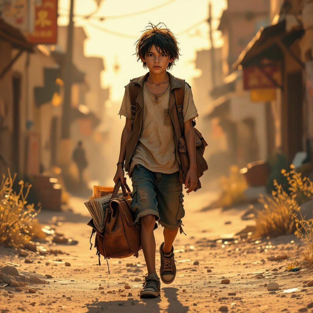 Teenage Boy in Dusty Street: Matte Painting Style