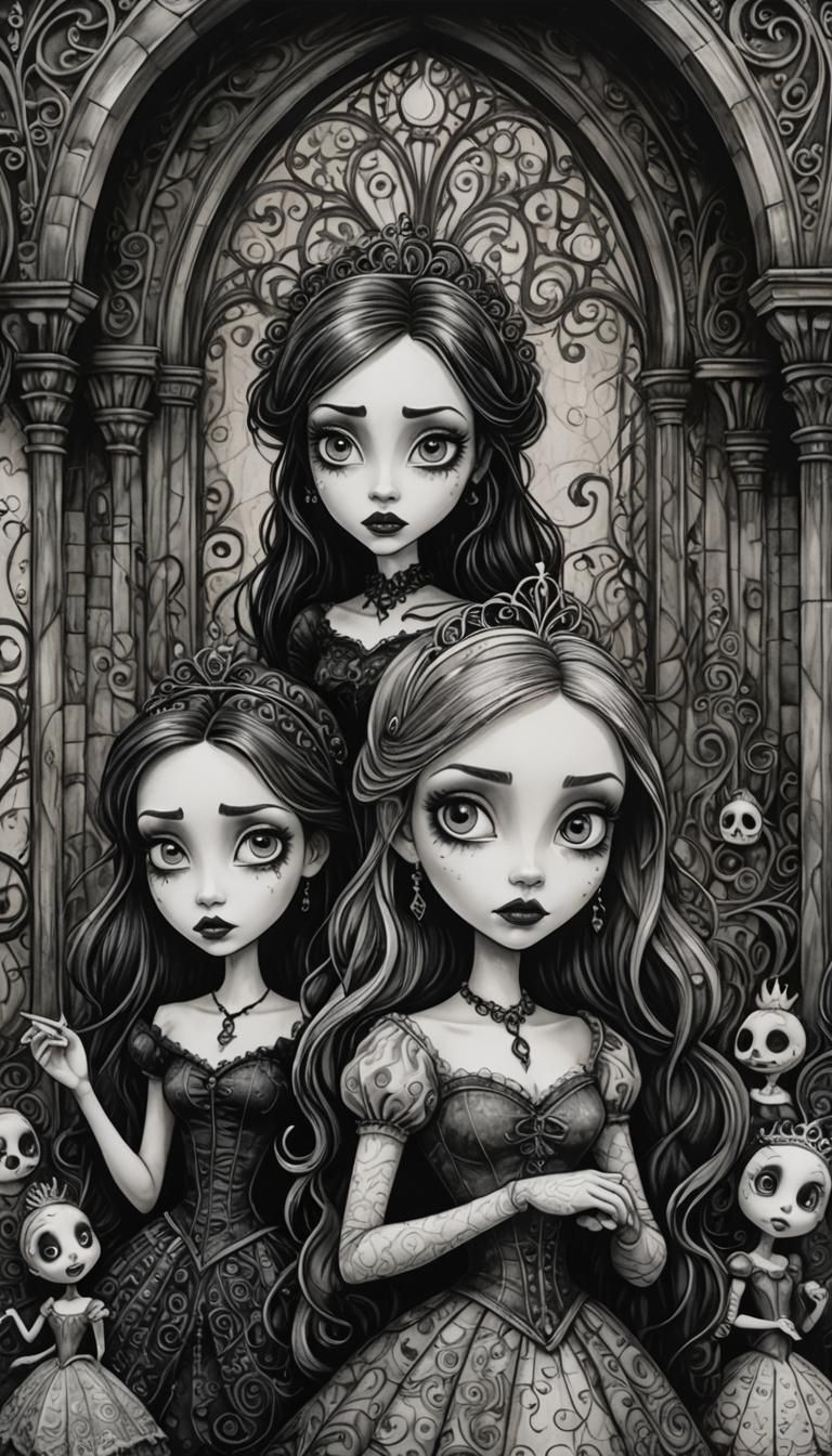 Gothic Disney Princesses in Eerie Ballroom