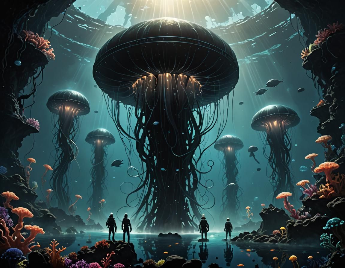 Humanized Jellyfish Horror-Creatures Surround a Vantablack M...