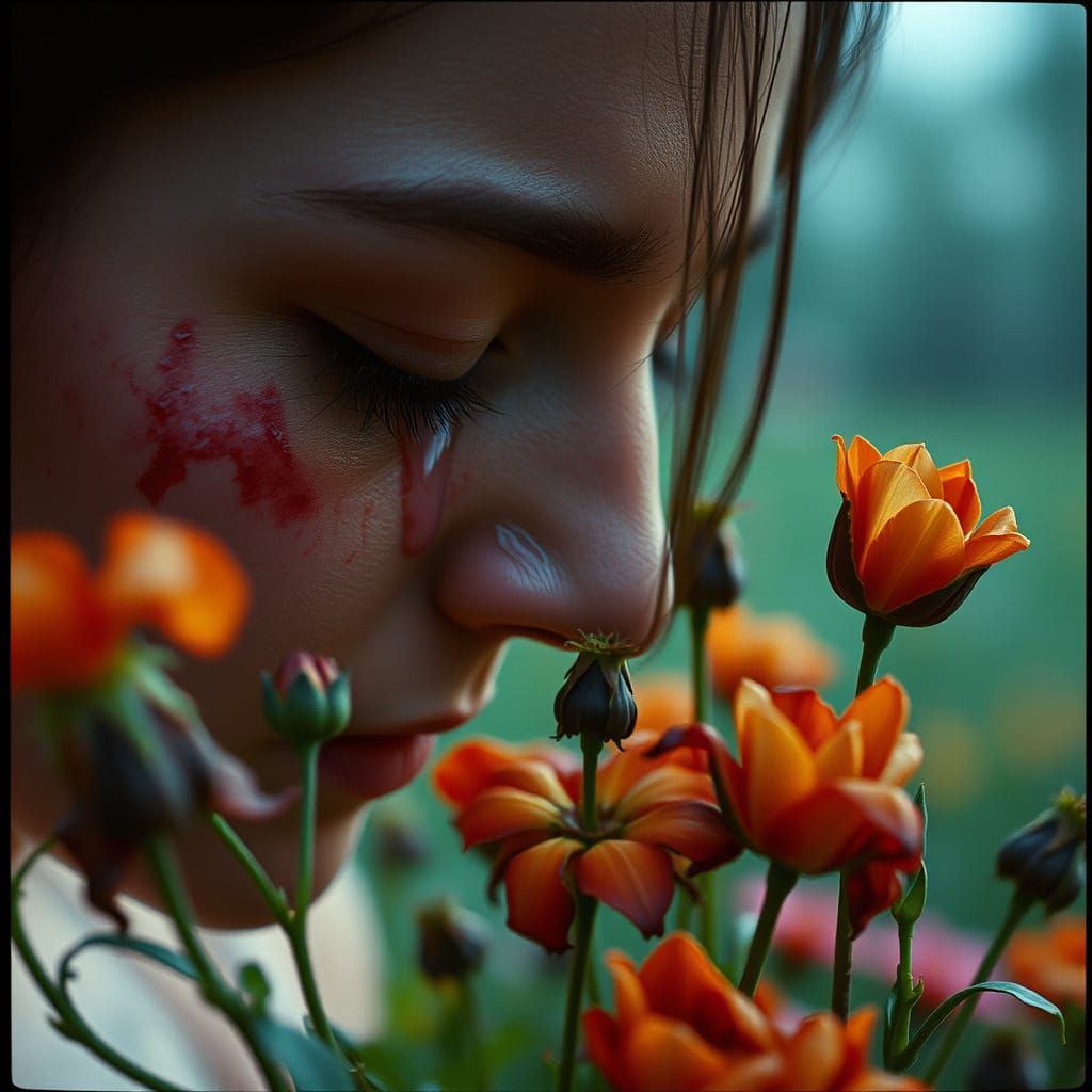 A Person Cries Amidst Blooming Flowers in a Cinematic Grief ...