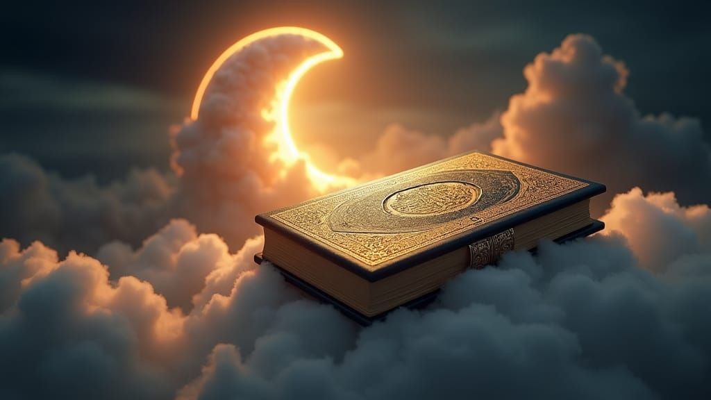 Ornate Koran on Cloud with Half Moon