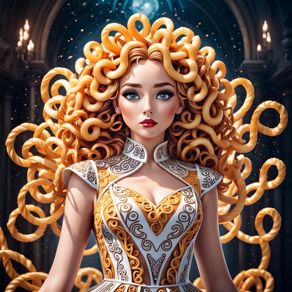 Woman in Curly Fry Dress: Hyperrealistic 8K Image