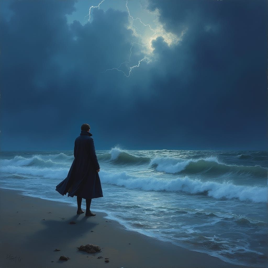 Stormy Coastline Painting in Romantic Style