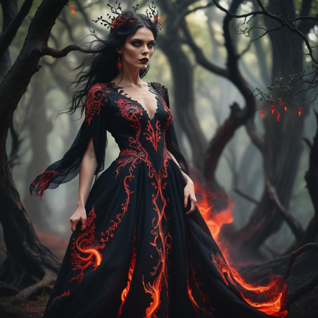 Volcanic Witch Portrait in Mystical Forest