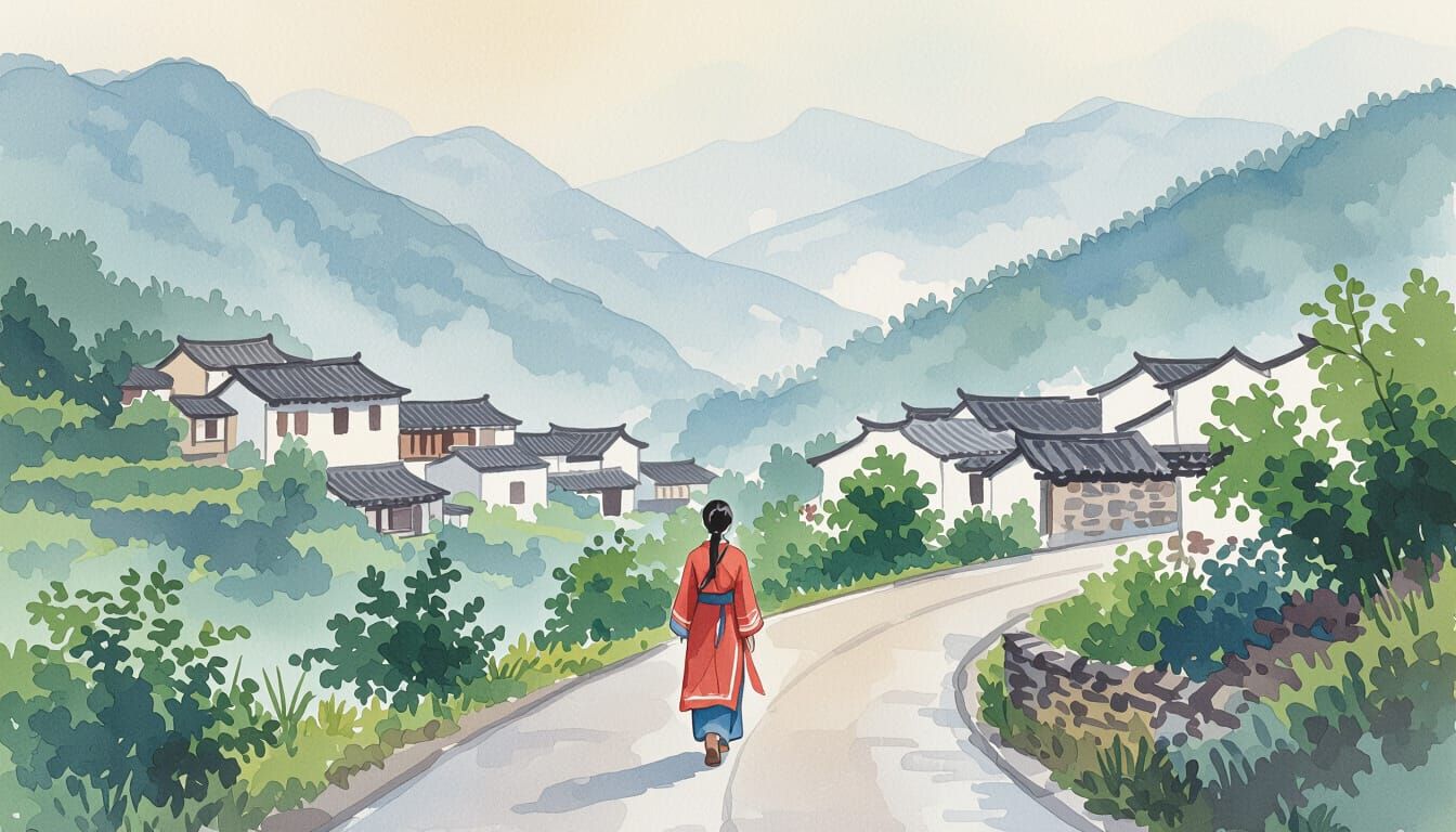 Teen in Chinese Village, Watercolour Pastel Art