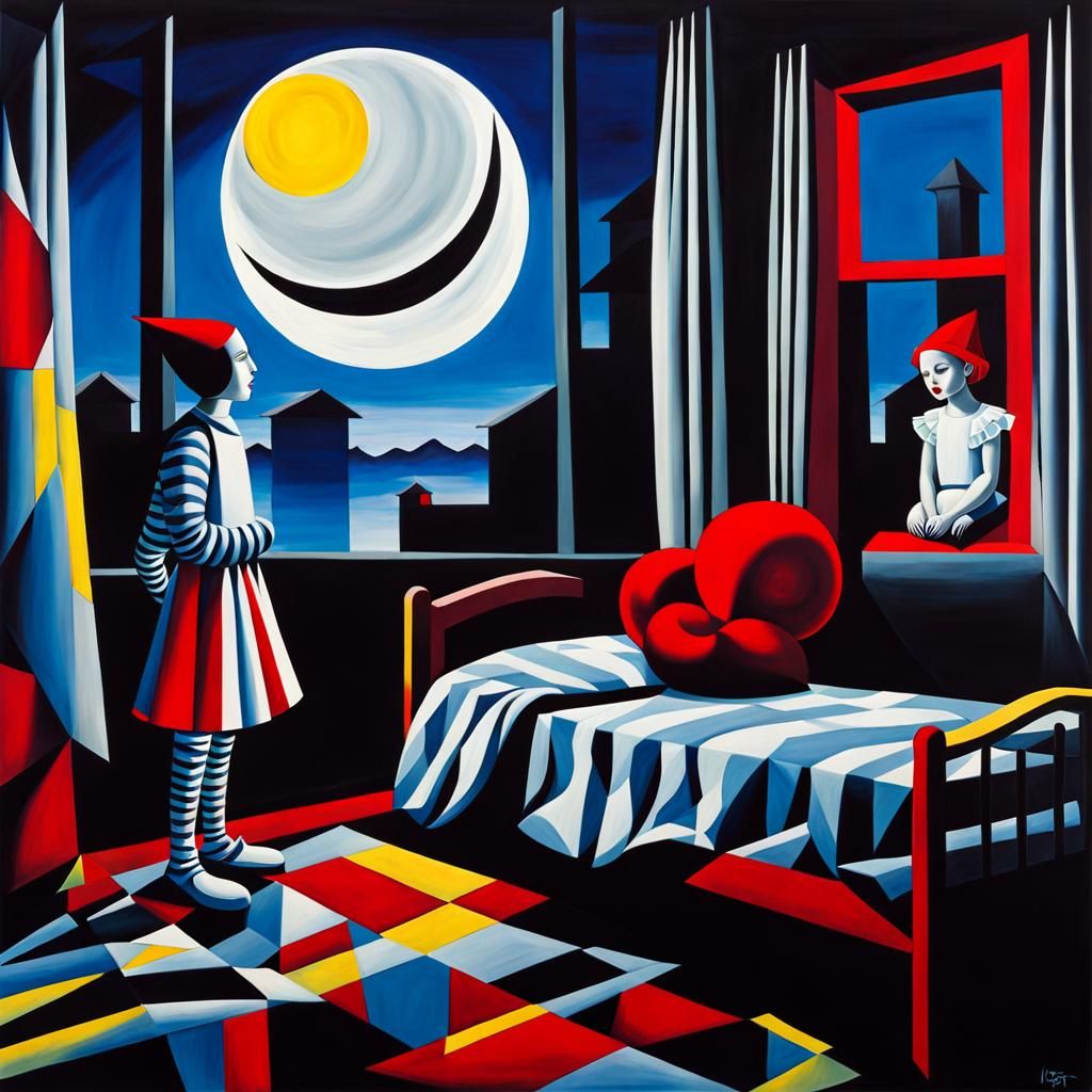 Cubist Pierrot Clown at Girl's Bedside