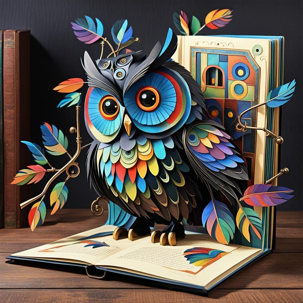 Steampunk Cubist Owls on Branch, Clockwork Aesthetic