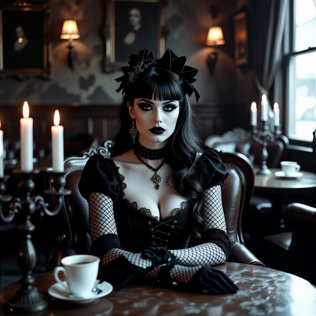 Goth Model in Coffee Shop, Black and White Photography
