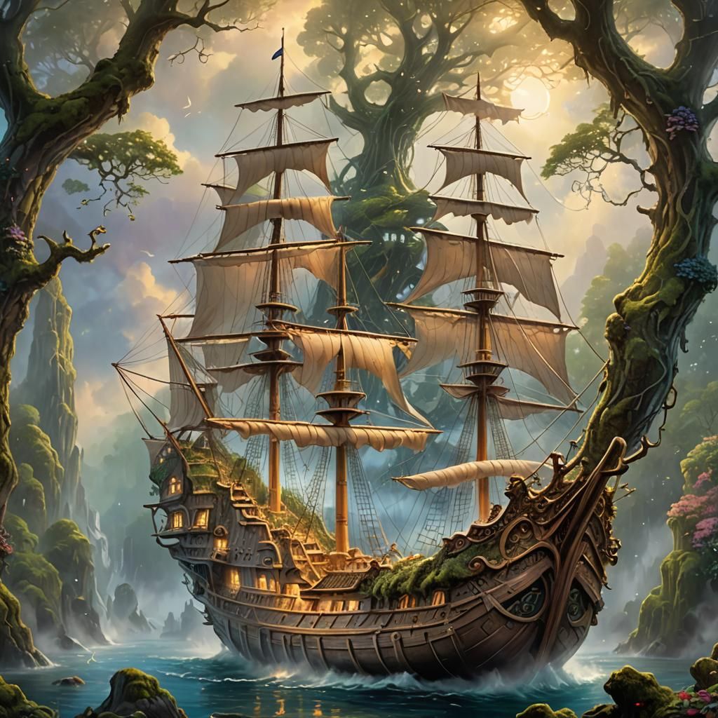 Tree Trunk Ship Glides Through Misty Dreamscape