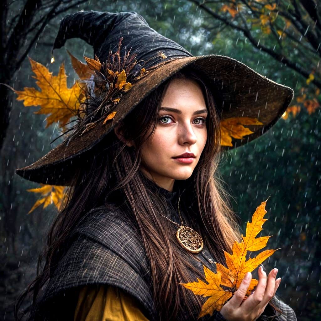 Autumn Witch in Rain with Swirling Lights