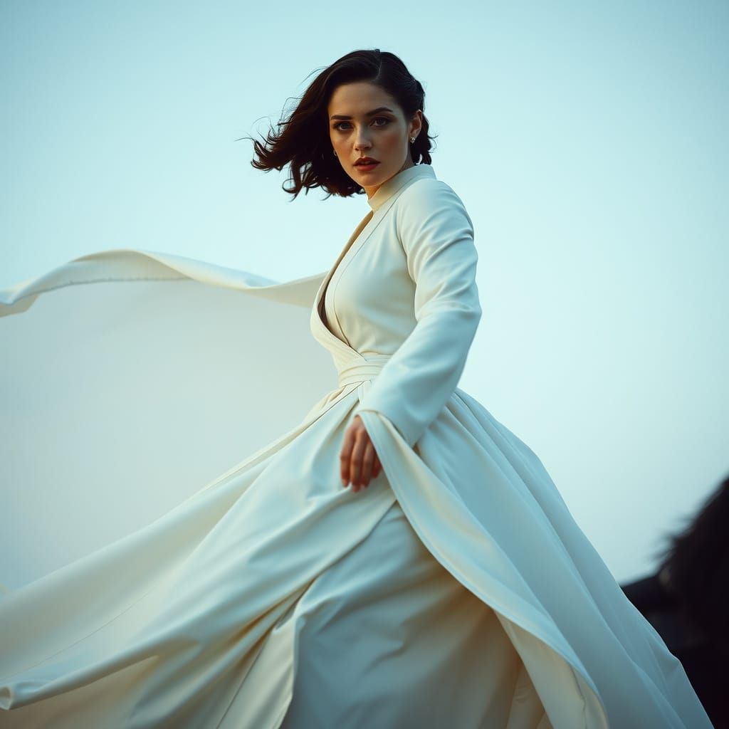 Elegant Woman Rides White Horse: Hyperrealistic Cinematic St...