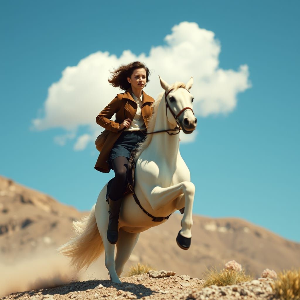Equestrian Woman on White Horse in Hyperrealistic Style