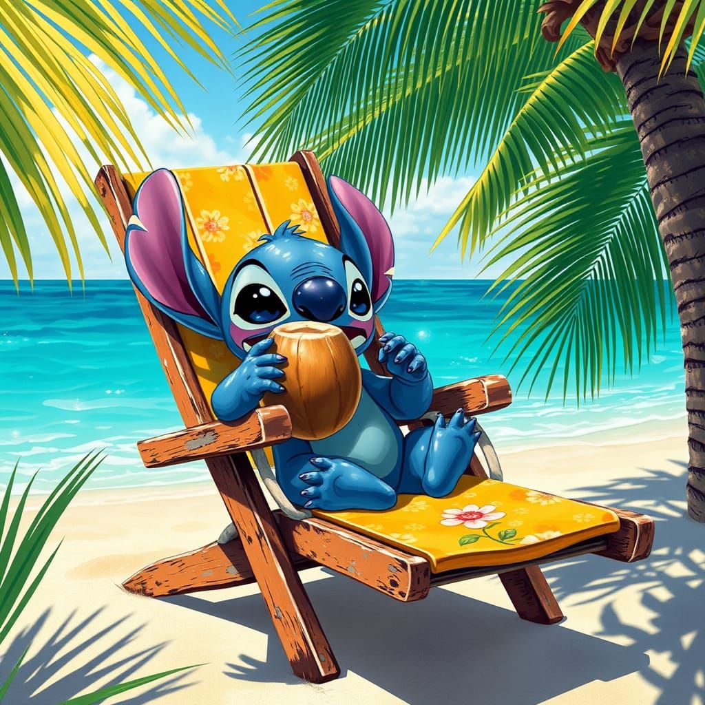 Stitch Sips Coconut on Tropical Beach in Diamond Art Style