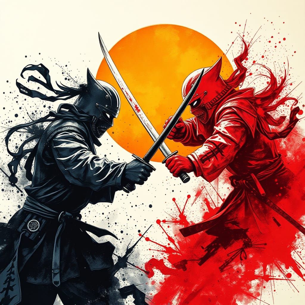 Abstract Ink Ninjas Sword Fight Under Orange Sun