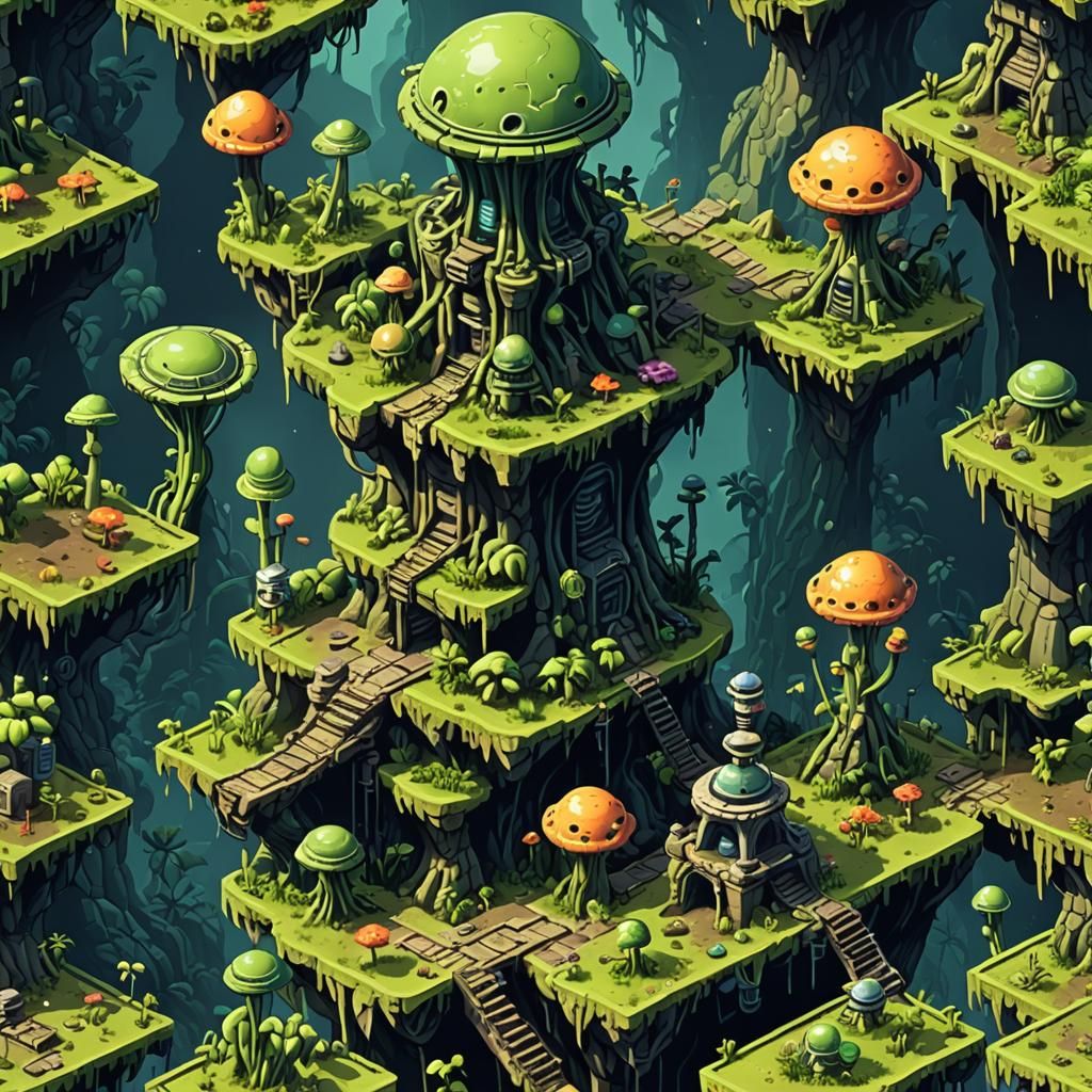 Isometric Pixel Art: Alien Fungus Jungle Game Level