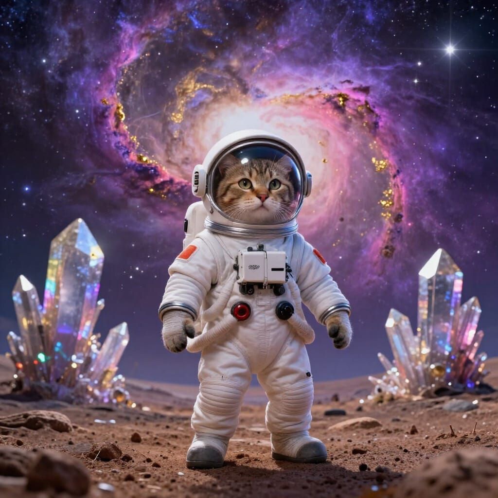 Cat Astronaut Explores Alien Exoplanet in Cosmic Landscape