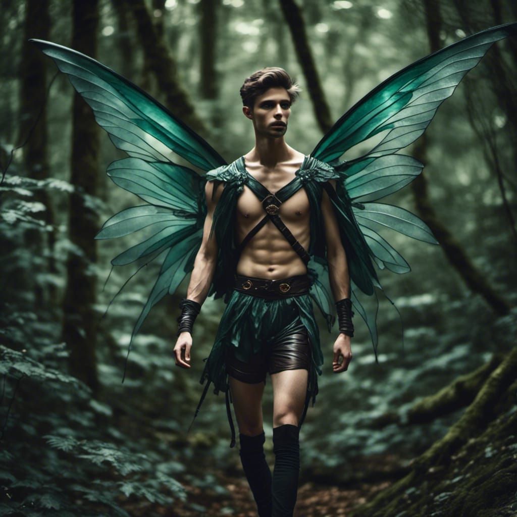 Male Fairy with Translucent Wings in Enchanted Forest