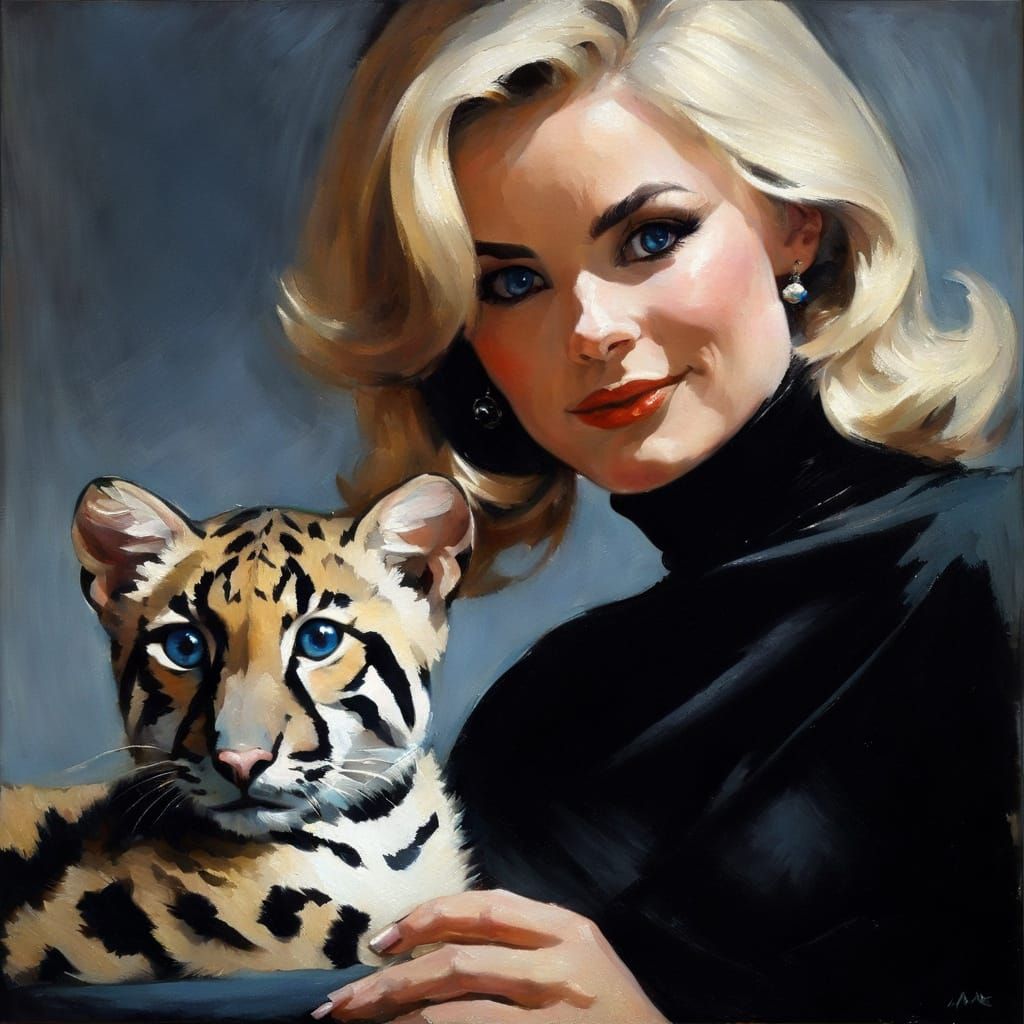 Retro Impressionistic Oil Portrait of Actress with Ocelot