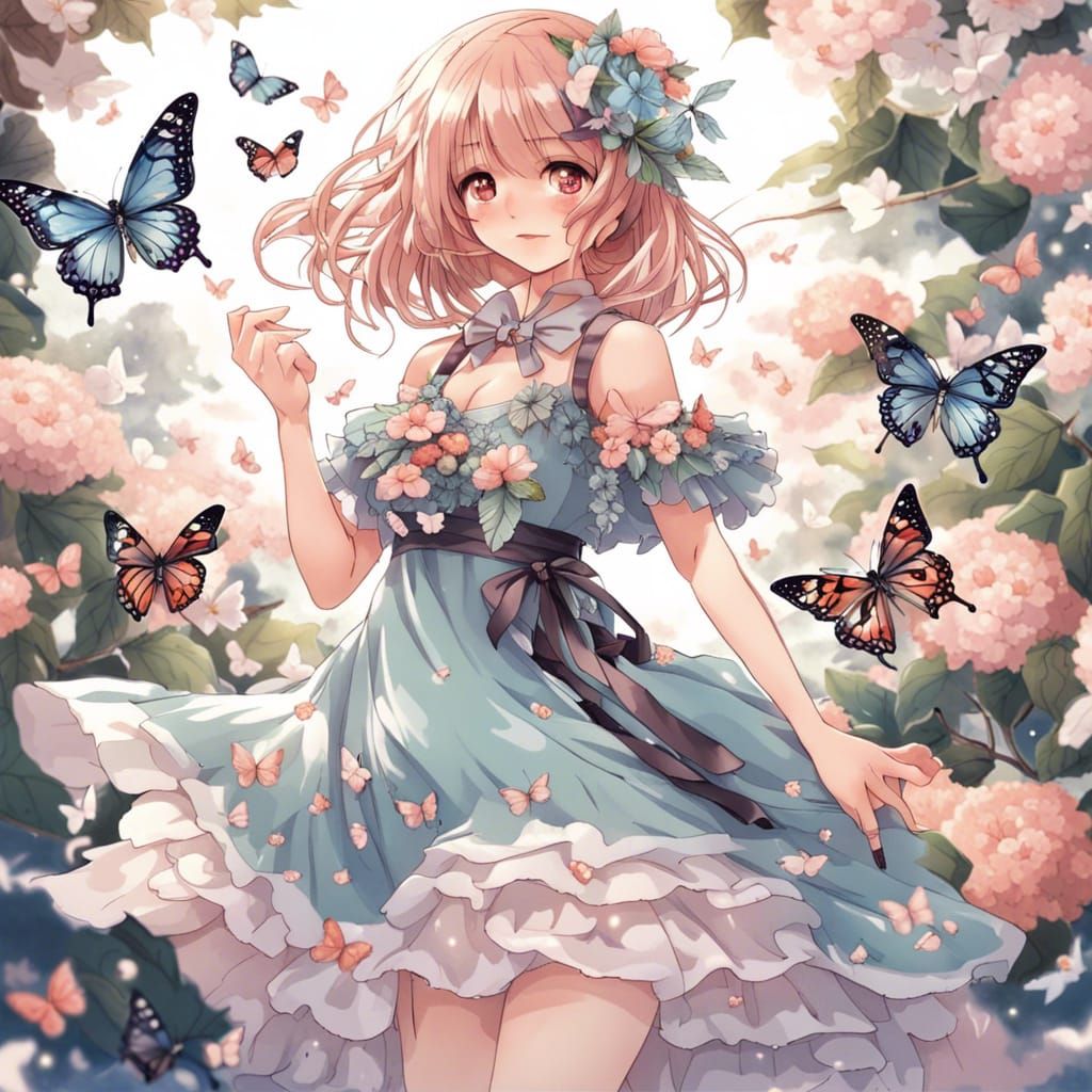 Girl in Flower Dress with Butterflies: Anime Style