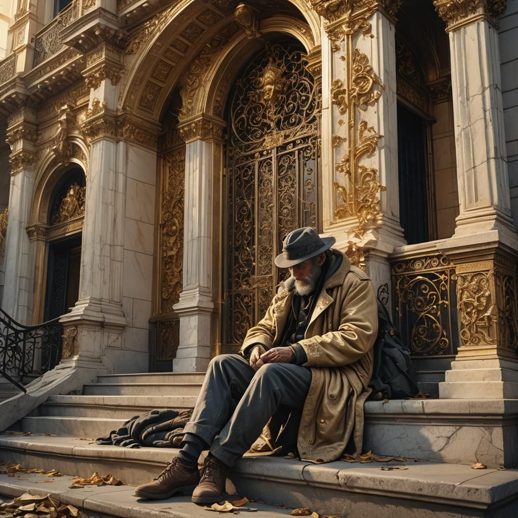 Homeless Man Sleeps on Luxury Building Steps