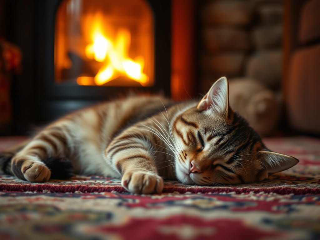 Cozy Cat Scene by a Warm Fireplace