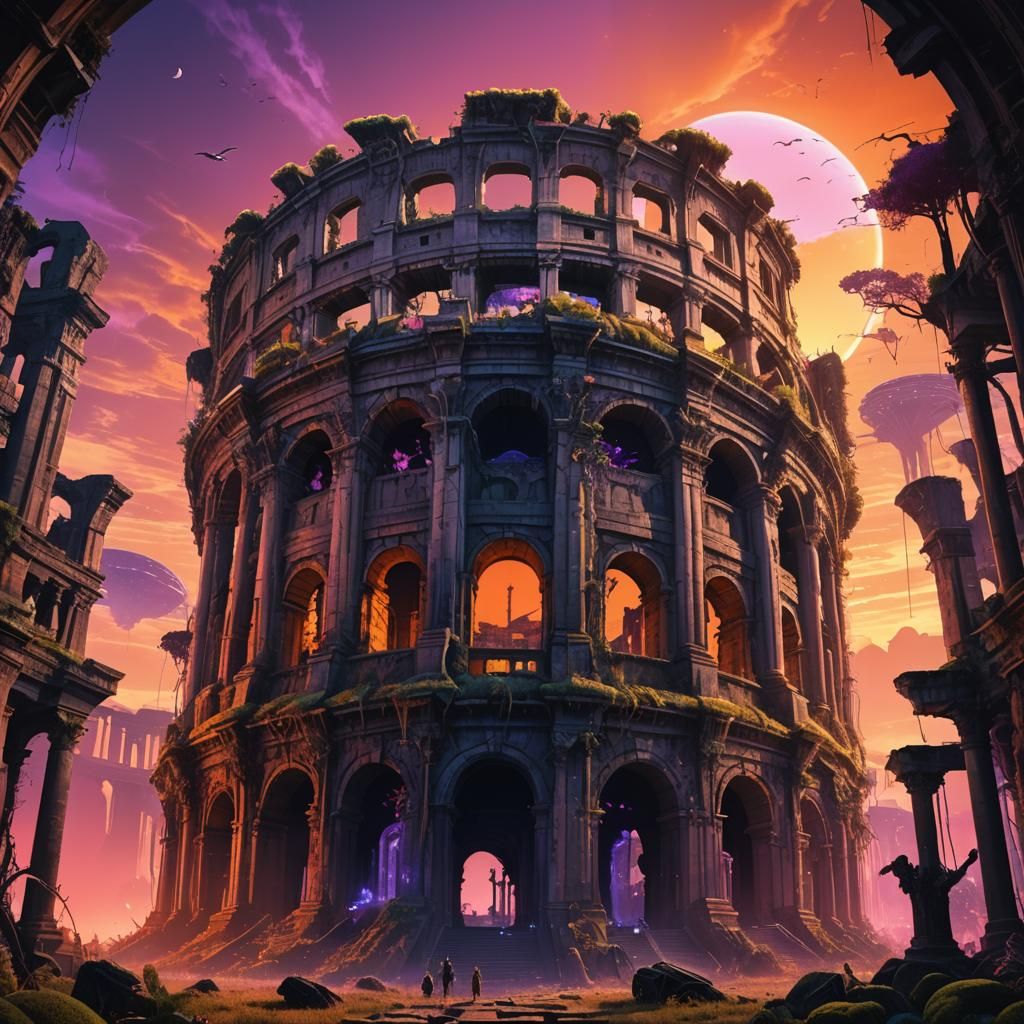 Surreal Roman Coliseum Invaded by Aliens at Sunset