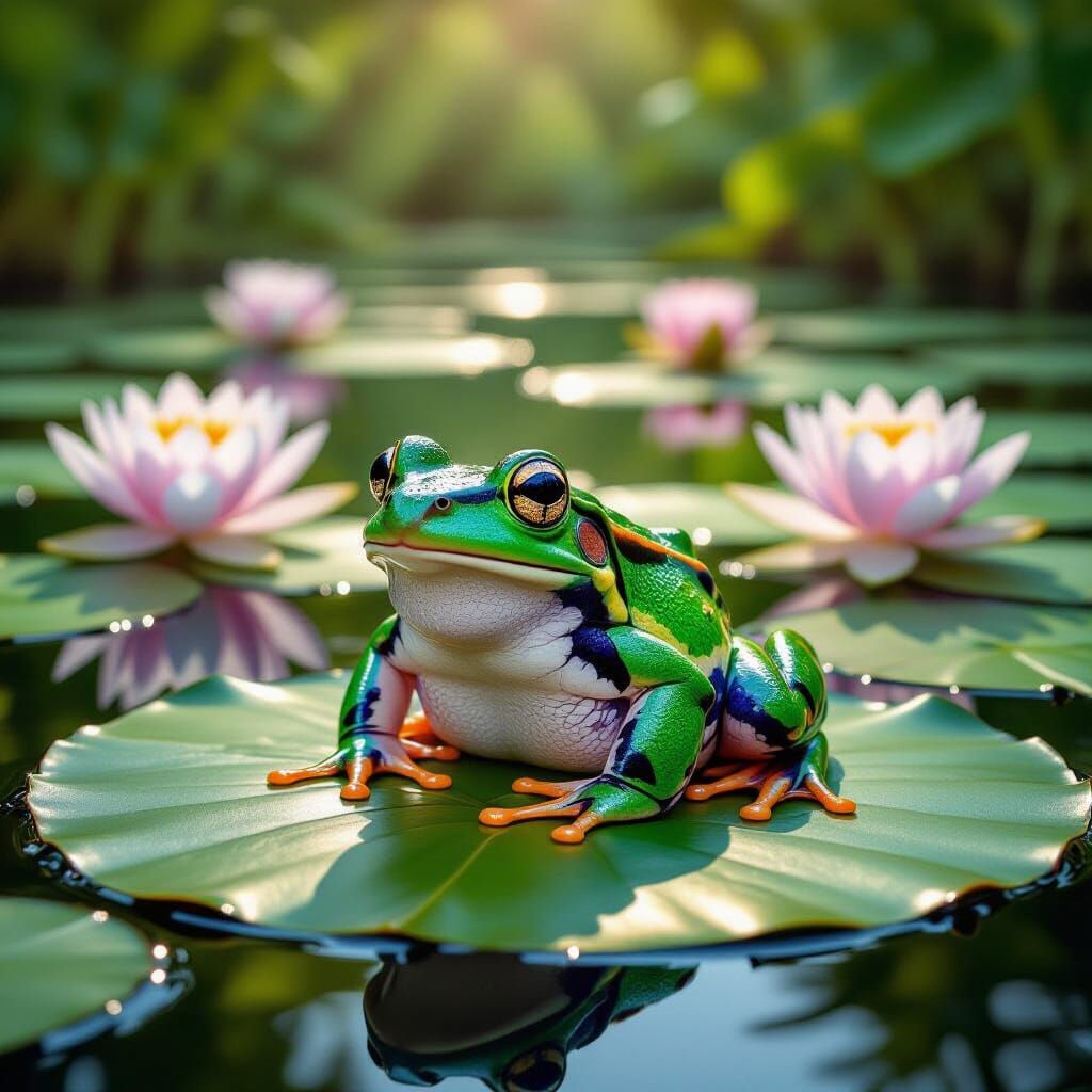 Exotic Frog on Lily Pad in Serene Pond