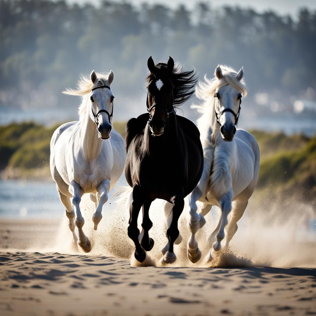 Black and White Horses Galloping on Beach
