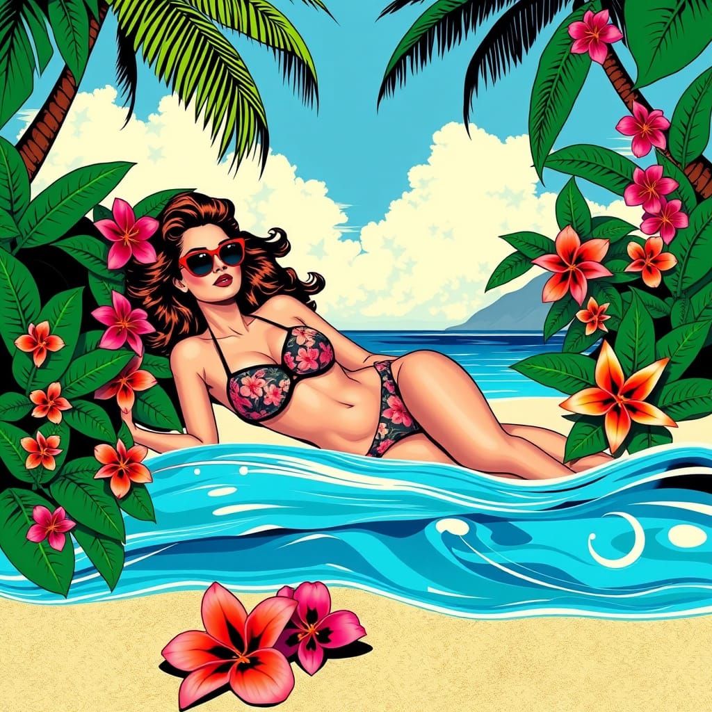 Hawaiian Beach Scene in 1960s Pop Art Style