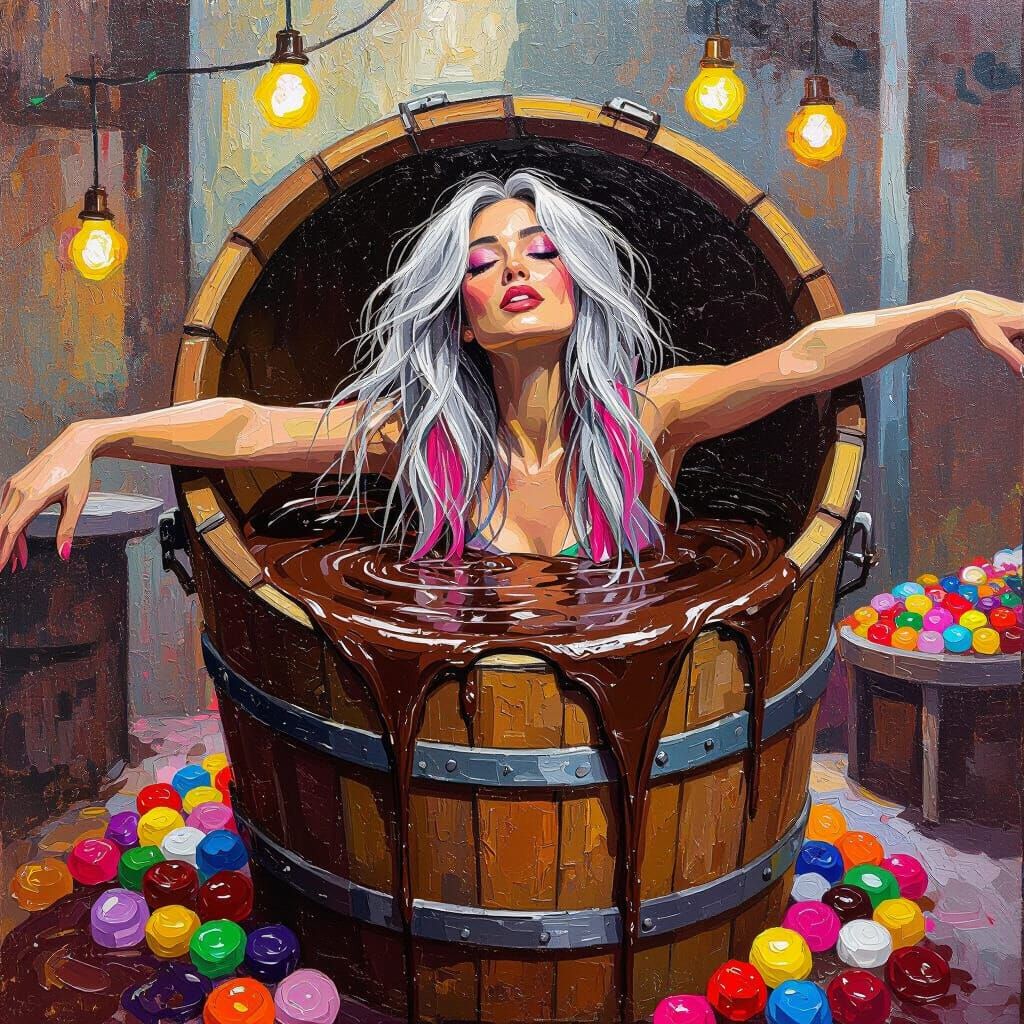 Bohemian Woman Dives into Chocolate Barrel in Candy Factory