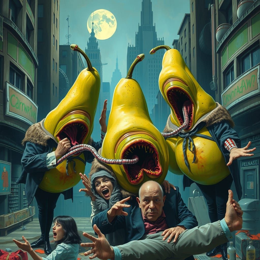 Carnivorous Pears Feast on Humans in Dystopian Cityscape