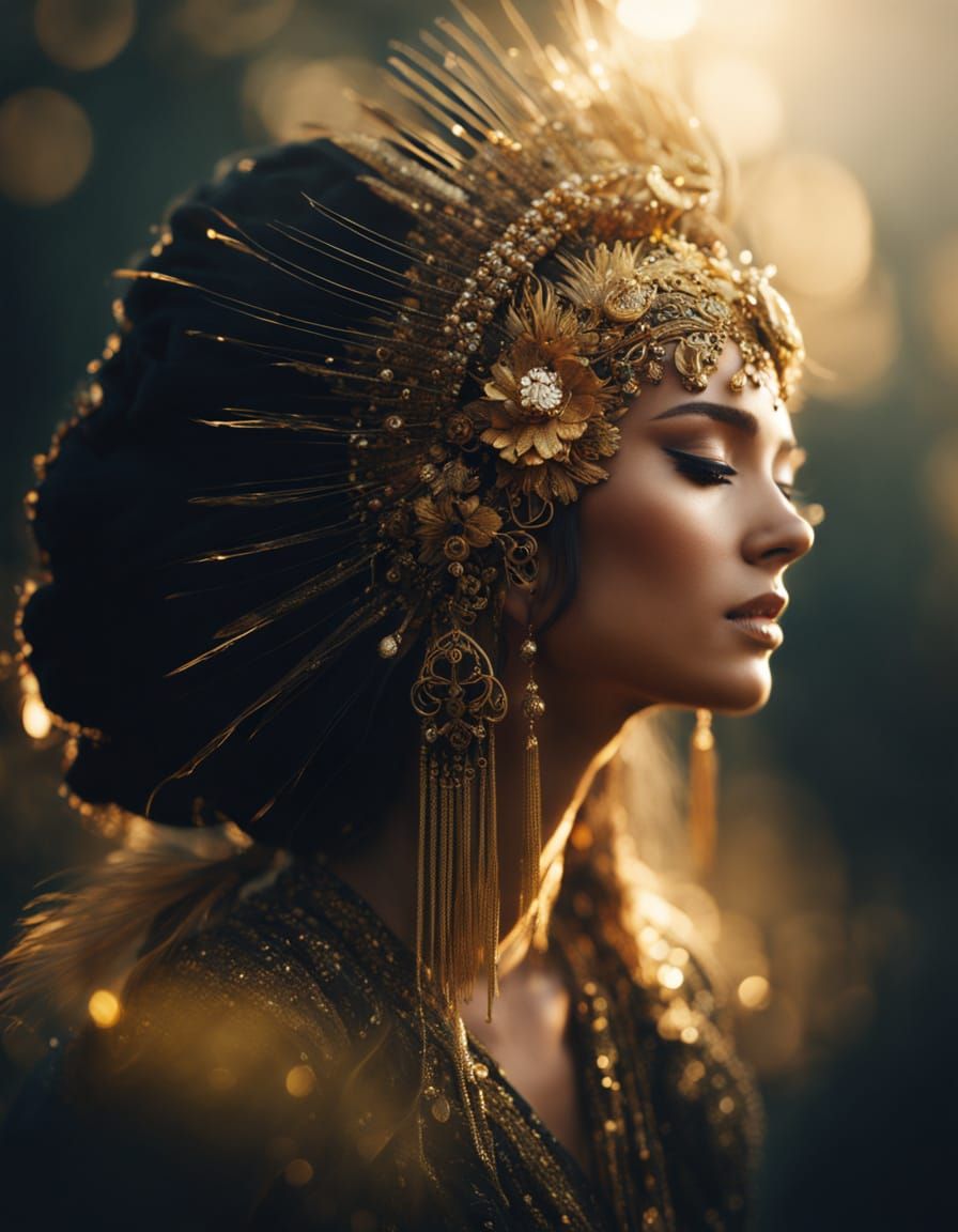 Elegant Woman with Gold Headdress in Luxurious Fashion
