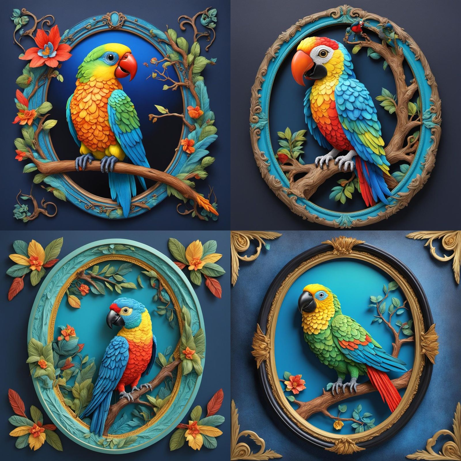 Cartoon Parrot and Cat in Fairytale Art Deco Frame