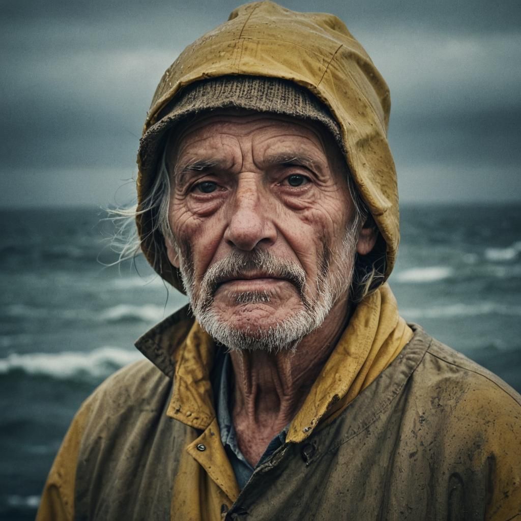 Elderly Fisherman Portrait Against Stormy Sea: Film Aestheti...